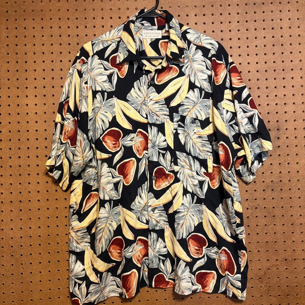 Crossings Mens Hawaiian Shirt Large Black Tropical Fruit Viscose Rayon Button Up